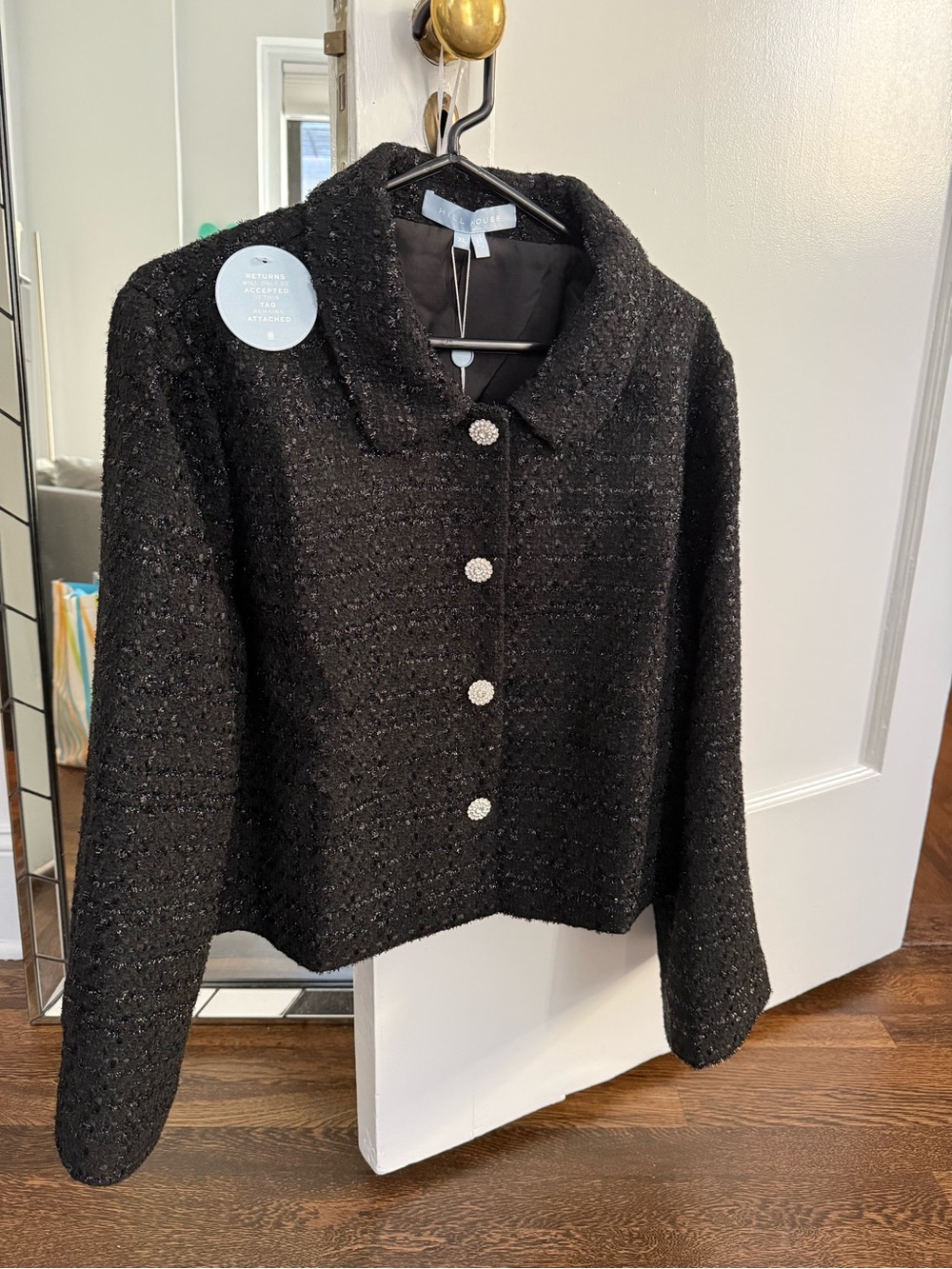 Hill House The Bea Jacket - Black Tweed Bouclé Blazer with Sparkling Buttons
